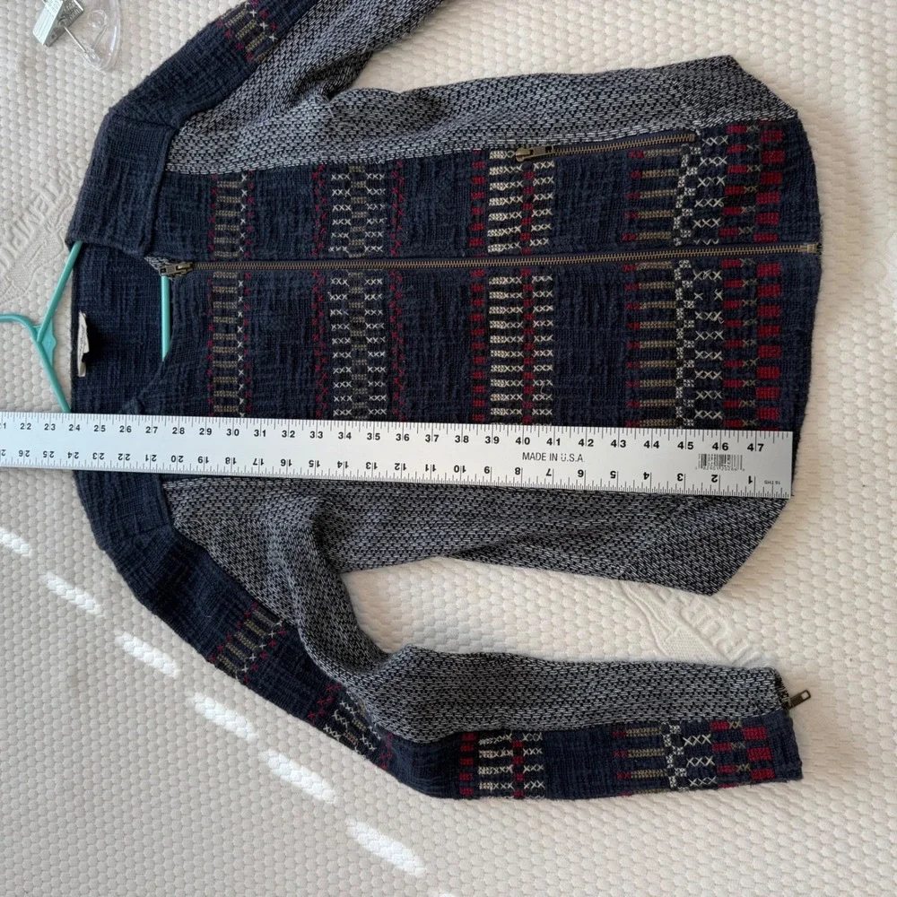 Lucky Brand Navy Blue Embroidered Moto Jacket Cotton Knit Gray Geometric Small